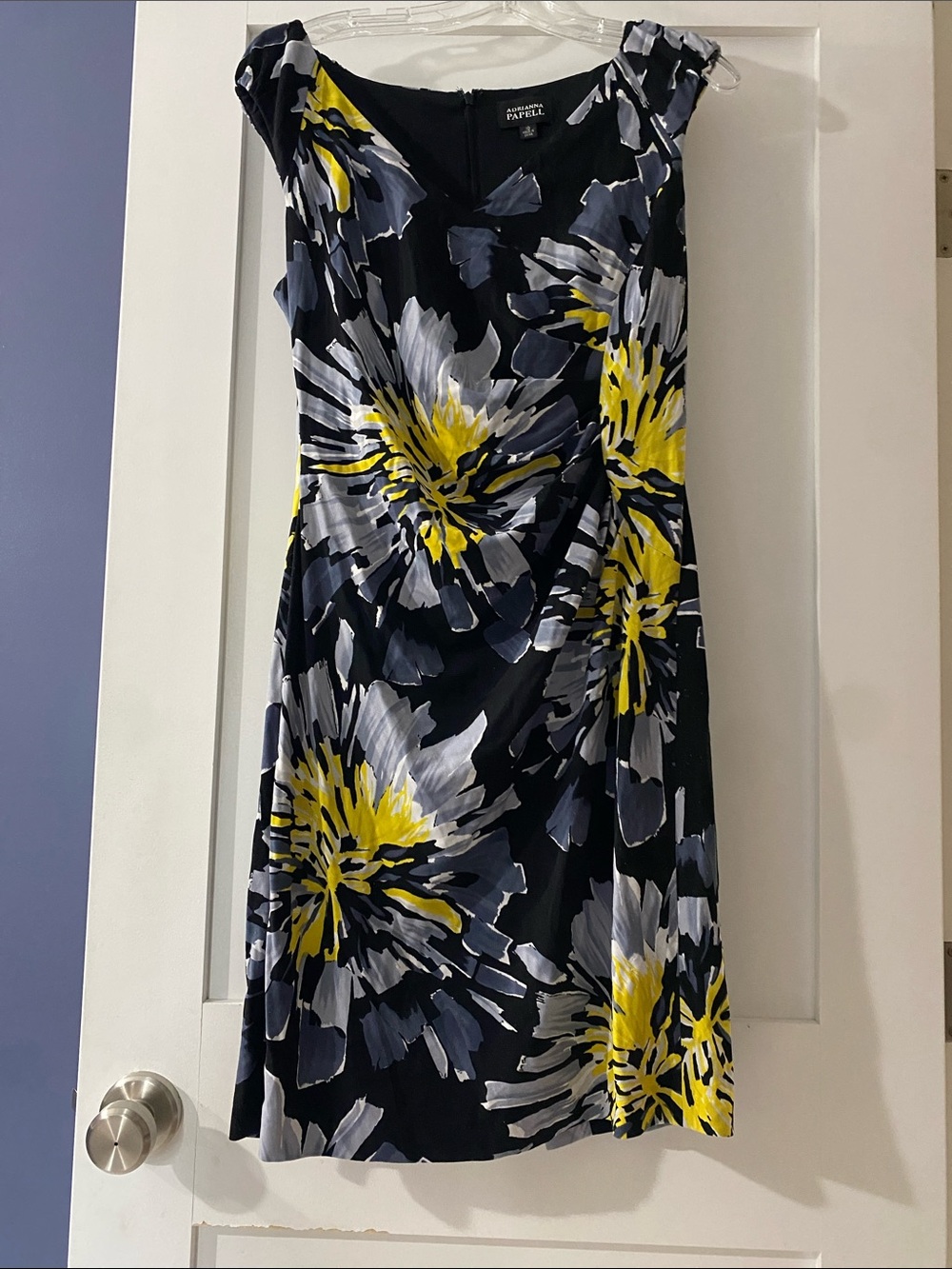 Adrianna Papell Navy Sheath Dress with Yellow & Gray Floral Print